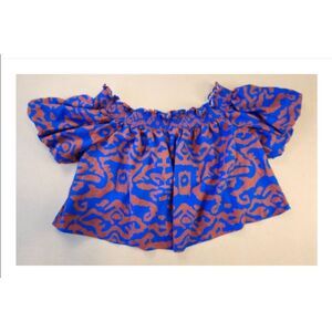 🔥 Nine West Linen Blend Off Shoulder Cropped Top XL Blue Brown Abstract